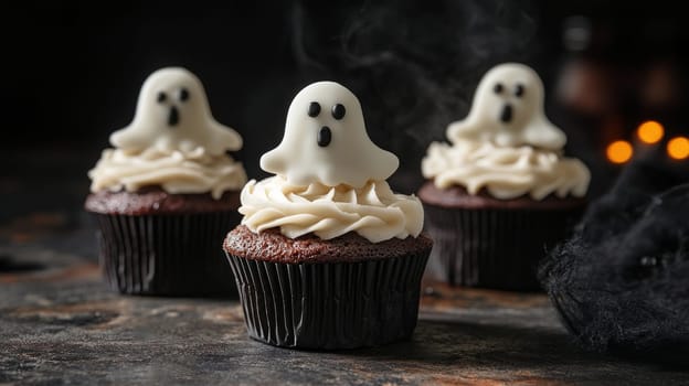 Halloween ghost cupcakes with dark background, festive food concept.
