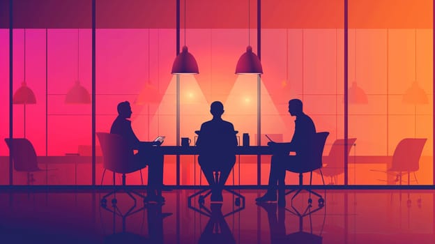 Three professionals engaged in a discussion around a table in a brightly lit office as the sun sets outside.