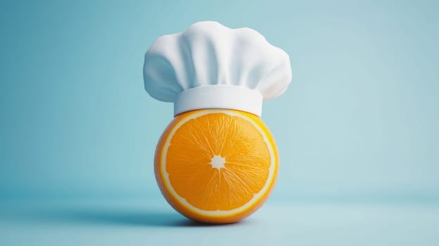 Orange with chef hat on blue background, creative food concept.
