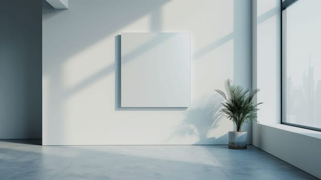 A spacious gallery interior showcases a blank canvas mounted on a white wall, illuminated by bright natural sunlight streaming through large windows. A solitary potted plant adds a touch of greenery to the otherwise minimalistic decor, creating a serene atmosphere.