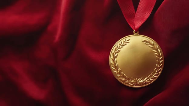 Gold medal with red ribbon on velvety fabric, victory and achievement concept.