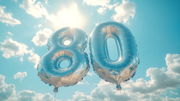 Silver balloons shaped as number 80 floating in blue sky with clouds. Celebration and party concept.