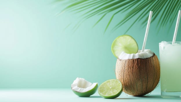 A coconut filled with a refreshing drink sits next to a glass of lime beverage. Fresh lime slices are displayed alongside, creating a tropical vibe perfect for warm days.
