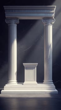 Classical marble columns with pedestal in sunlight, architectural concept.