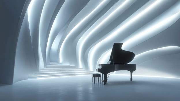 Grand piano in a futuristic hall with flowing light design.