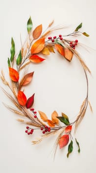 Autumn wreath with colorful leaves and berries on white background. Fall decoration concept.