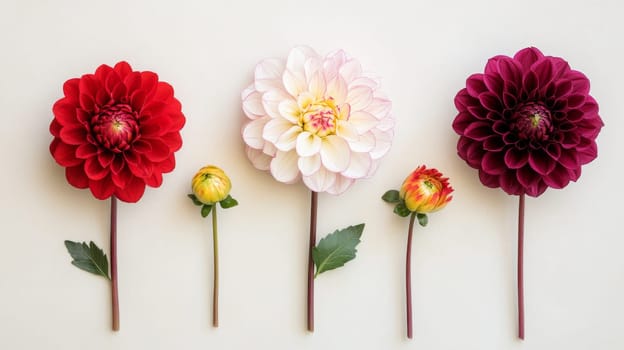 Dahlia flowers arranged in a row on a white background, colorful flora exploration concept.