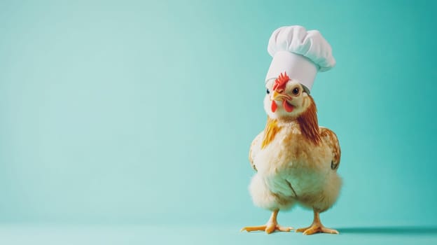 Chicken wearing chef hat on blue background.