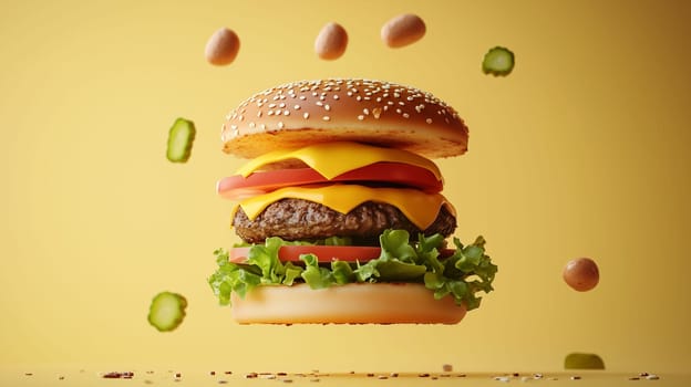 A mouthwatering cheeseburger loaded with lettuce, tomatoes, cheese, and pickles hovers above a surface, with toppings flying around it.