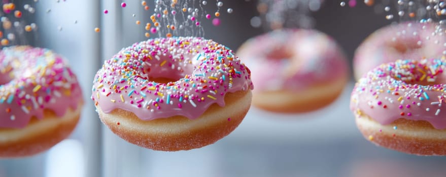 Pink frosted donuts with colorful sprinkles in midair.