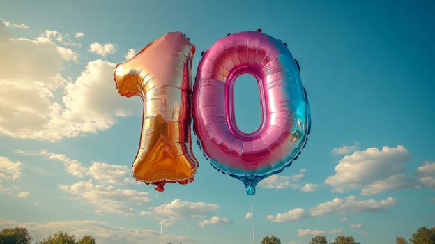 Colorful number 10 balloons floating in blue sky.