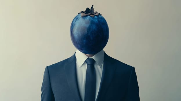 Surreal concept of a man with a blueberry head in a suit.