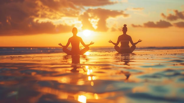 Two individuals sit cross-legged in a serene posture by the water's edge, practicing meditation as the sun sets on the horizon. The sky is painted with warm hues of orange and pink, reflecting beautifully on the water.