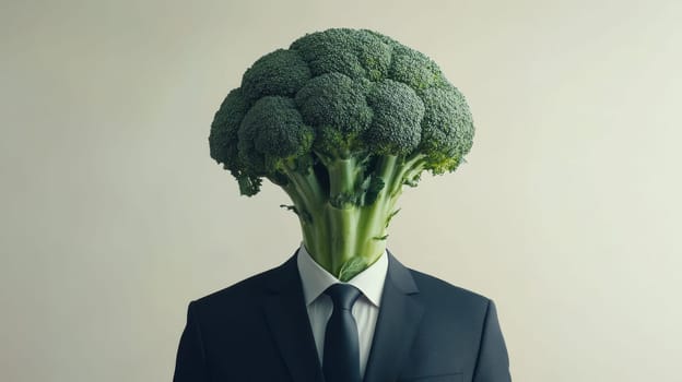 Broccoli head in suit surreal portrait.