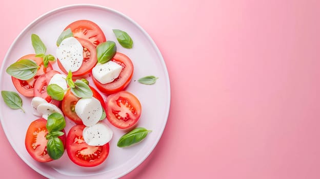A colorful salad featuring slices of ripe tomatoes and creamy mozzarella cheese, garnished with vibrant basil leaves. The dish is elegantly arranged on a pale pink plate, enhancing the freshness and aesthetic appeal of the ingredients, perfect for a light meal.