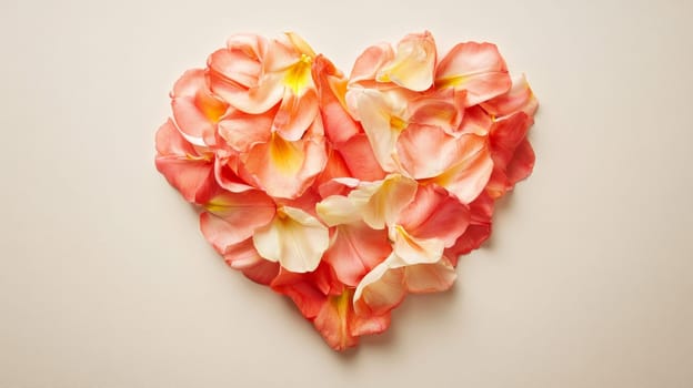 Heart shape made of pink and white flower petals on beige background, romantic decoration concept.