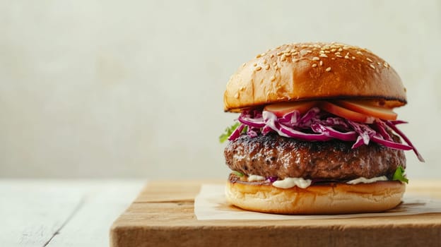 A delicious beef burger piled high with red cabbage, tomatoes, and creamy sauce on a sesame seed bun sits on a wooden cutting board.