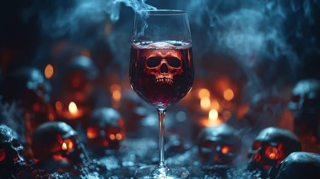 Wine glass with skull reflection and smoky background, dark and mysterious concept.