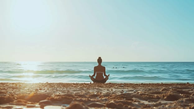 A person sits in a meditative pose on a peaceful beach, surrounded by soft sand and gentle waves. The vibrant sunset casts warm colors across the sky, enhancing the sense of serenity. In the distance, others enjoy the water, completing this idyllic coastal setting.