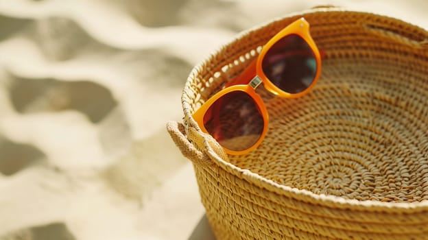 A pair of vibrant orange sunglasses sits on a woven basket, capturing the essence of a relaxing day at the beach. The soft sand surrounds the basket, creating a warm, inviting atmosphere perfect for sunbathing and leisure.