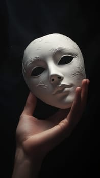 Hand holding a white theatrical mask on a dark background.