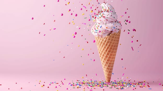 A deliciously crafted ice cream cone showcases a swirl of creamy pink ice cream, generously sprinkled with vibrant confetti. The cone stands upright on a soft pink background, enhancing the playful and inviting atmosphere.