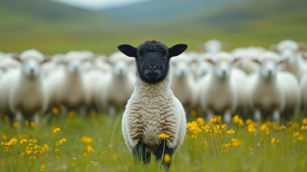 Black sheep among white sheep in a field with yellow flowers.