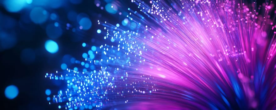 Fiber optic cables with glowing lights, abstract technology concept.