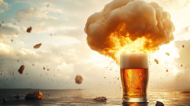 Glass of beer with explosion behind, dramatic concept.