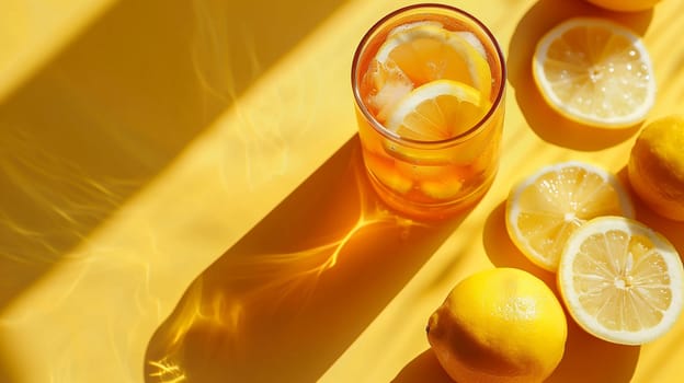 A glass filled with iced lemonade showcases vibrant lemon slices floating on top, capturing the sunlight beautifully. Fresh lemons rest nearby, enhancing the refreshing summer vibe of the scene.