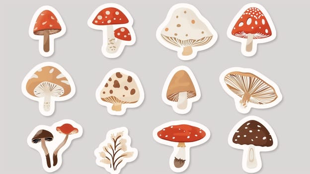 A collection of artistic stickers showcases a variety of mushrooms, each designed with unique colors and patterns. The illustrations highlight their distinct features, ranging from bright red caps to earthy browns. This delightful assortment appeals to nature lovers and enthusiasts of botanical art.