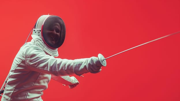 A fencer, clad in protective gear, joyfully lunges forward with a sword, showcasing precision and confidence in an energetic display of skill against a striking red backdrop.