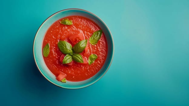 A vibrant bowl of fresh tomato basil soup sits beautifully against a bright blue backdrop, garnished with fresh basil leaves and diced tomatoes. The dish presents a warm, inviting appearance, perfect for inviting a sense of comfort and nourishment.