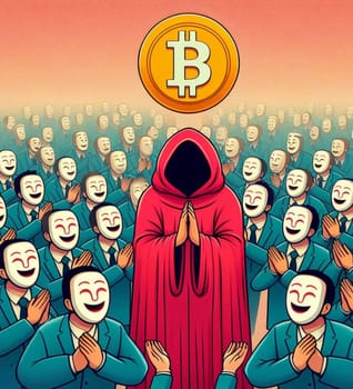 A man in a mask holding a Bitcoin coin. The man is surrounded by other people in masks