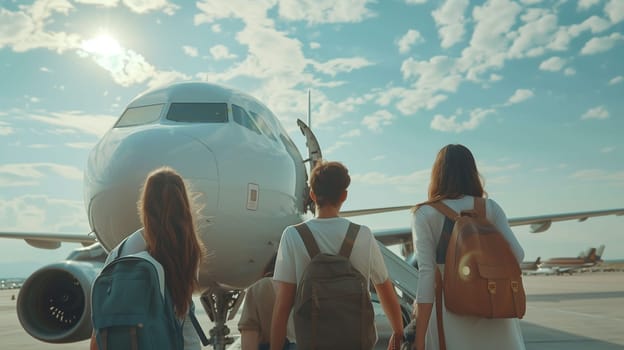 A group of four friends walks towards a parked airplane at the airport under a bright blue sky filled with fluffy white clouds. They carry backpacks and appear excited, ready for their journey ahead.