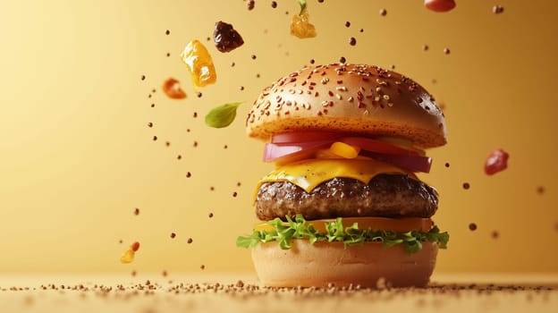 A cheeseburger with a juicy patty, melted cheese, and colorful toppings appears to be suspended in air with savory ingredients surrounding it.