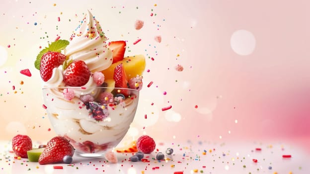 A delightful serving of frozen yogurt topped with vibrant strawberries, raspberries, and colorful sprinkles. The dessert is presented in a clear glass bowl, set against a soft, pastel background that enhances its appeal. This treat is perfect for a warm day or a festive celebration.