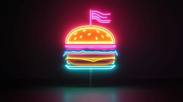 A vibrant neon sign of a burger with layered toppings and a flag on top glows brightly against a dark background.