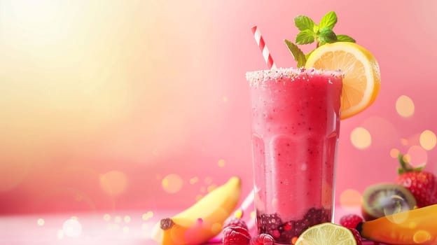 A tall glass filled with a vibrant fruit smoothie sits against a soft pink background. The smoothie is topped with fresh lemon and mint leaves. Surrounding the glass are colorful slices of banana, lime, and an assortment of berries, creating an inviting and refreshing appearance.