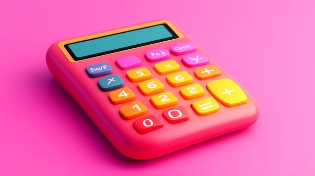 A vibrant handheld calculator rests against a bright pink background, displaying various digits and mathematical symbols in lively colors, ready for calculation and learning.