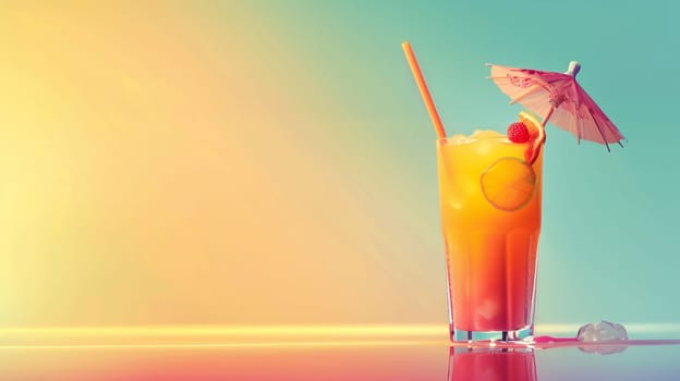 A vibrant cocktail stands tall in a glass, adorned with a small umbrella and a slice of lemon. The drink is bright orange and features a red berry on top, reflecting the warm glow of a summer afternoon. The colorful background enhances the refreshing vibe, perfect for a relaxing day.