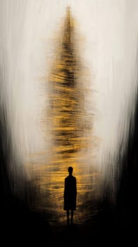 Lone silhouette is standing in front of a swirling golden vortex of light in this abstract painting. The figure appears small against the abstract background of light and dark