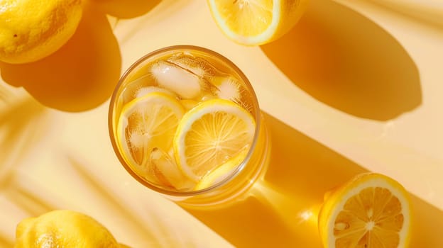 A cool glass filled with lemonade features slices of fresh lemon and ice cubes floating atop. The vibrant yellow background is adorned with whole lemons, creating a cheerful and refreshing atmosphere perfect for a sunny day.