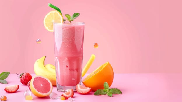 A vibrant and refreshing fruit smoothie is presented in a tall glass, garnished with mint leaves. Surrounding the drink are fresh strawberries, banana slices, and citrus fruits like lemon and grapefruit, all set against a cheerful pink backdrop.