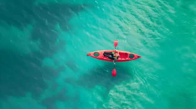 A person is enjoying a thrilling kayaking experience in serene turquoise waters, surrounded by vibrant marine life. The sun shines brightly overhead, creating sparkling reflections on the water’s surface, enhancing the feeling of adventure and tranquility.