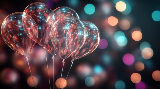 Cluster of transparent balloons with colorful bokeh background. Celebration and festive atmosphere concept.