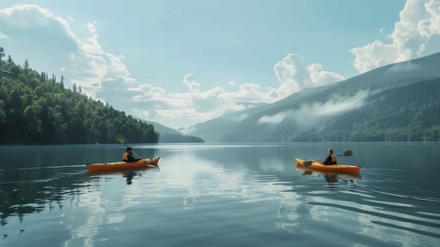 Two people are paddling in bright orange kayaks on a calm lake, reflecting the surrounding lush green forests and mountains. The sky is clear with fluffy clouds, suggesting a beautiful day for outdoor activities.