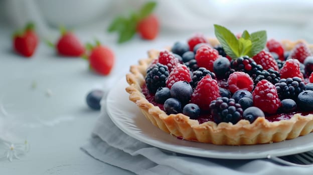 A beautifully arranged berry tart sits on a white plate, adorned with vibrant strawberries, blueberries, and blackberries. The tart is perfectly baked with a golden crust, and fresh mint leaves garnish the top. Nearby, scattered berries create a fresh atmosphere, illuminated by soft morning sunlight that enhances the colors and textures.