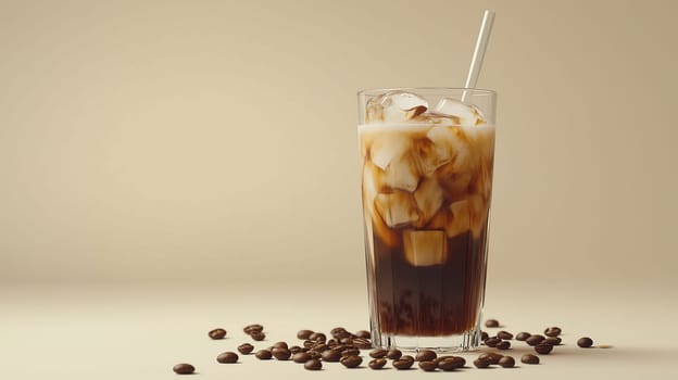 A tall glass filled with iced coffee, featuring ice cubes and a straw, sits next to scattered coffee beans on a soft, light-colored background, creating an inviting beverage display.
