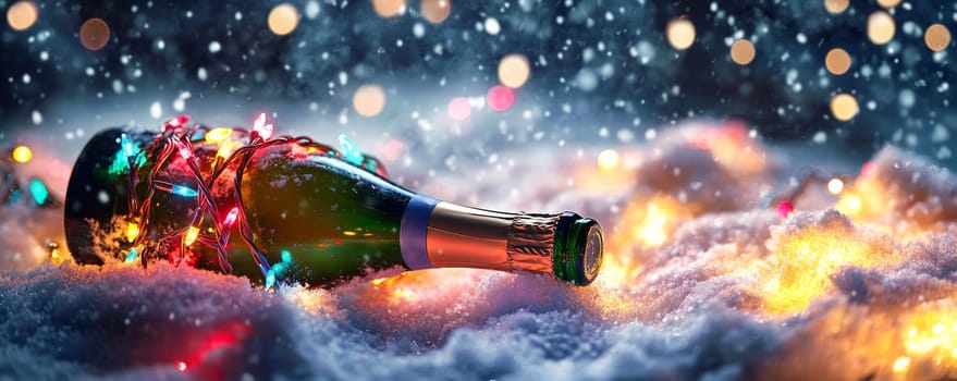 Champagne bottle with festive lights in snow, holiday celebration concept.